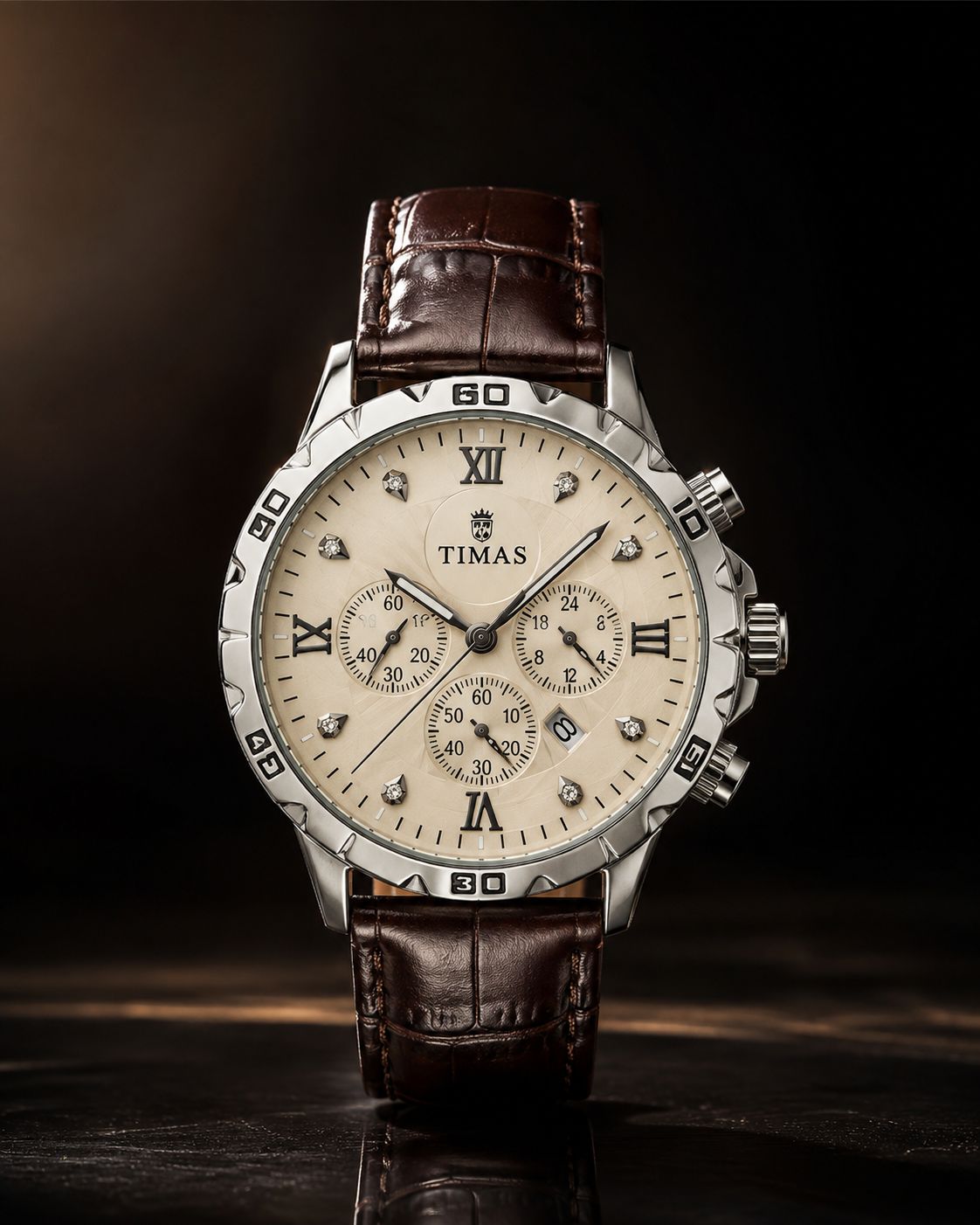 TIMAS Luxury Chronograph Men’s Watch Champagne Dial with Brown Leather Strap
