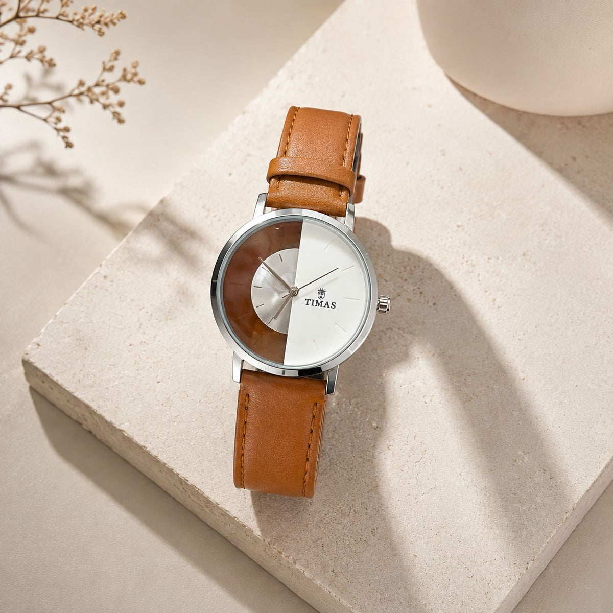 TIMAS Classic Rose Gold Dial Quartz Watch with Brown Leather Strap