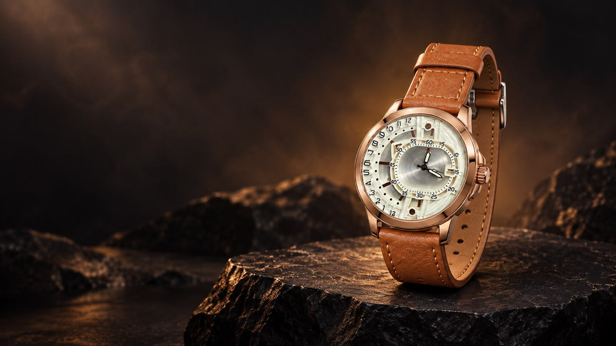 TIMAS Classic Quartz Men’s Watch Dual Time Champagne Dial with Rose Gold & Brown Leather Strap