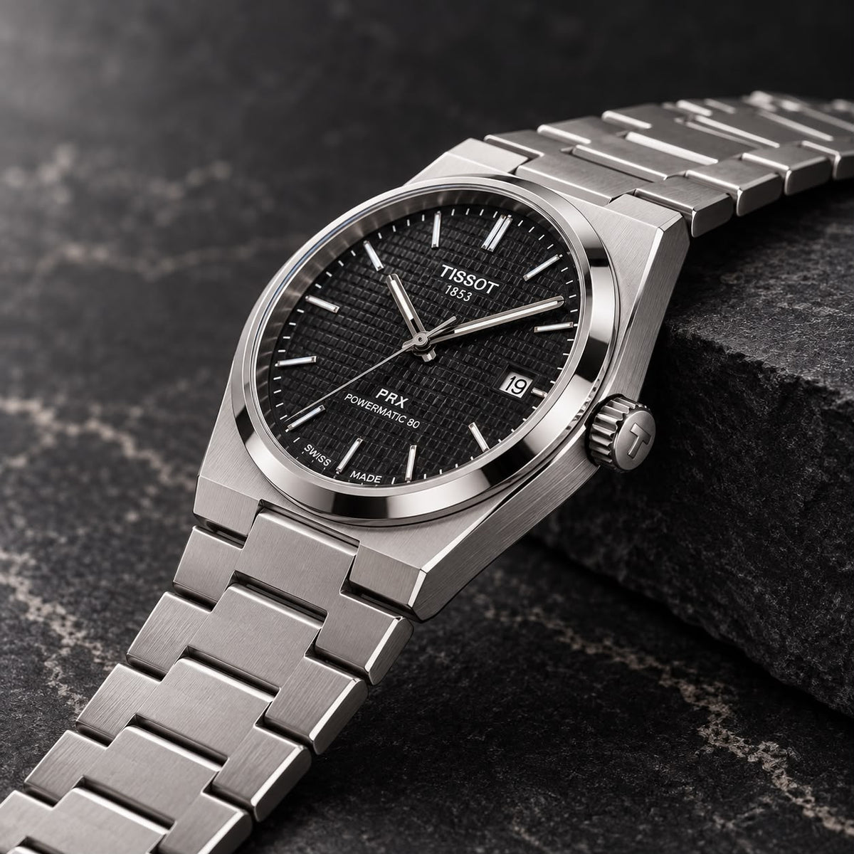 TISSOT PRX Black Textured Dial Stainless Steel Watch
