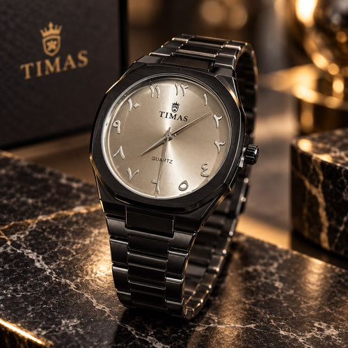 TIMAS Royal Black & Gold Arabic Dial Quartz Watch