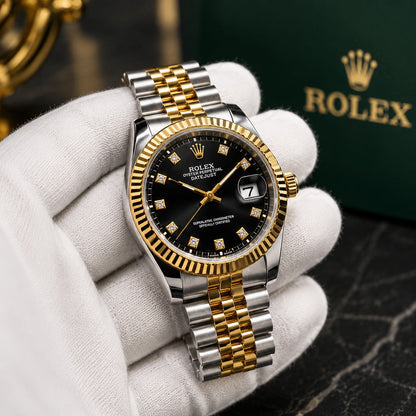 Rolex Datejust Two Tone Black Dial Diamond Jubilee Bracelet