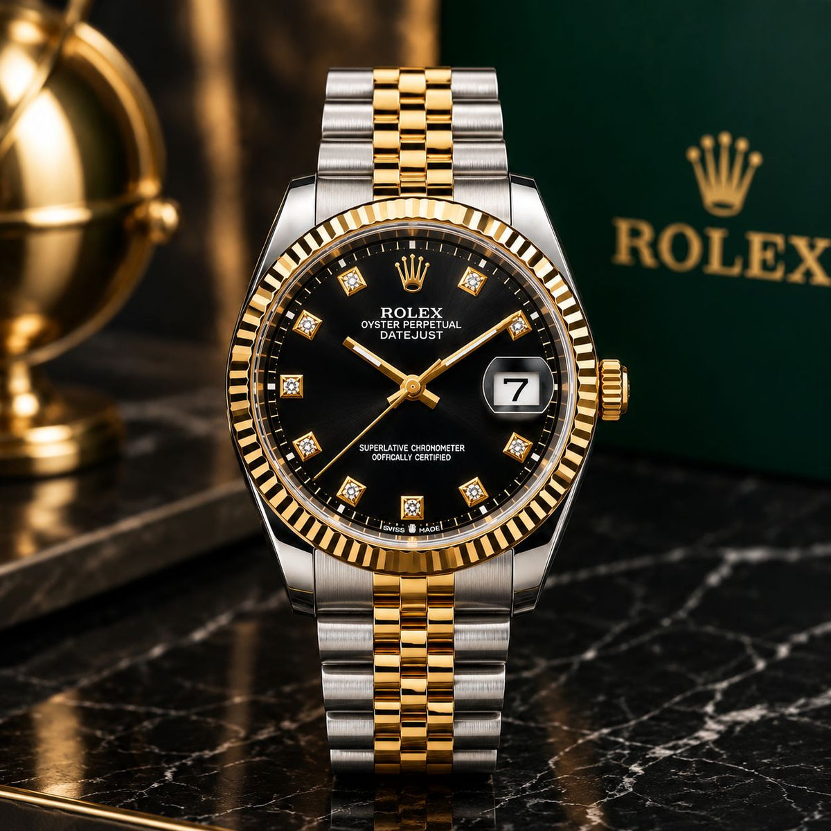 Rolex Datejust Two Tone Black Dial Diamond Jubilee Bracelet