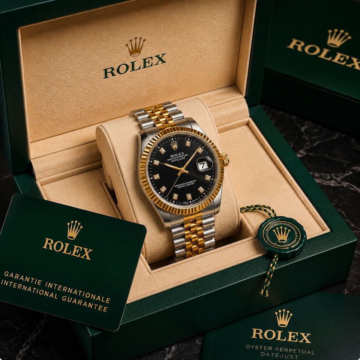 Rolex Datejust Two Tone Black Dial Diamond Jubilee Bracelet