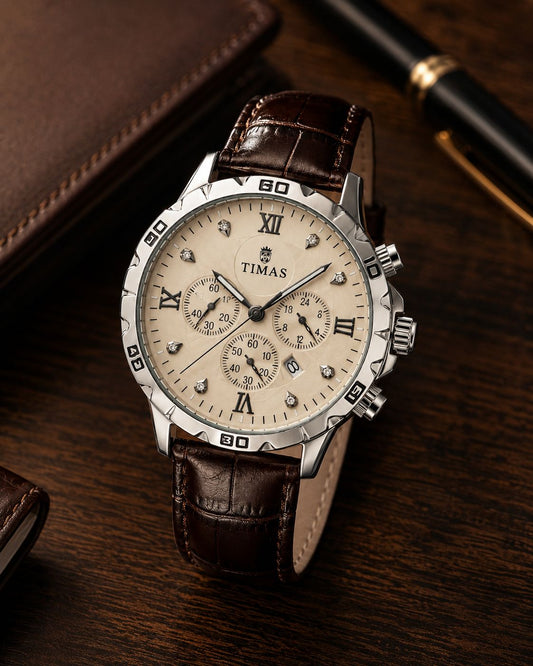 TIMAS Luxury Chronograph Men’s Watch Champagne Dial with Brown Leather Strap