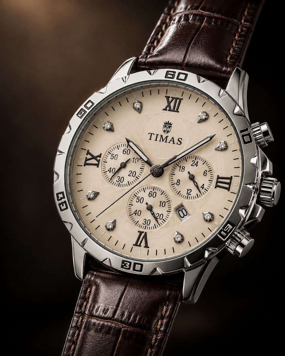 TIMAS Luxury Chronograph Men’s Watch Champagne Dial with Brown Leather Strap