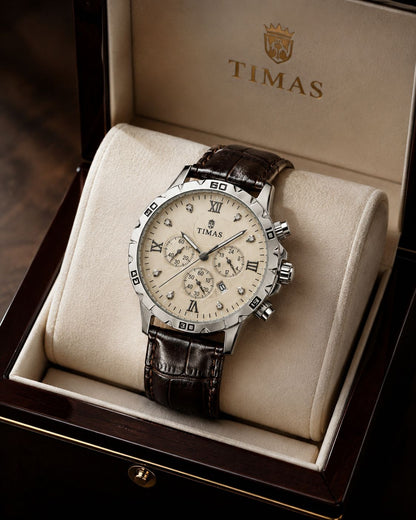 TIMAS Luxury Chronograph Men’s Watch Champagne Dial with Brown Leather Strap