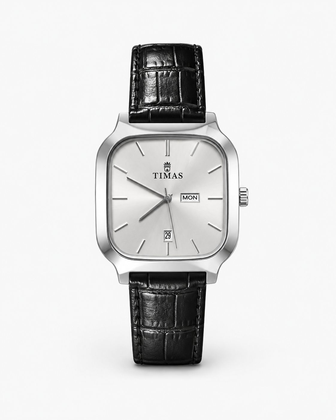 TIMAS Executive Square Men’s Watch Sunburst Silver Dial with Black Crocodile Leather Strap