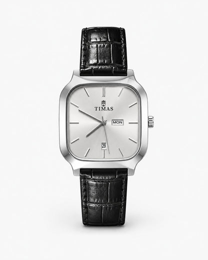 TIMAS Executive Square Men’s Watch Sunburst Silver Dial with Black Crocodile Leather Strap