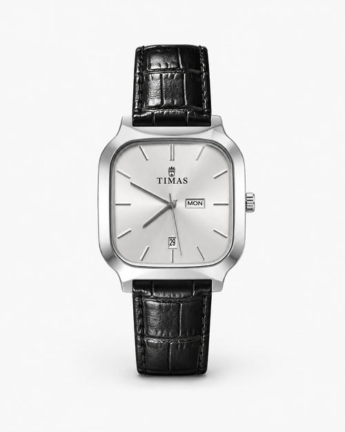 TIMAS Executive Square Men’s Watch Sunburst Silver Dial with Black Crocodile Leather Strap