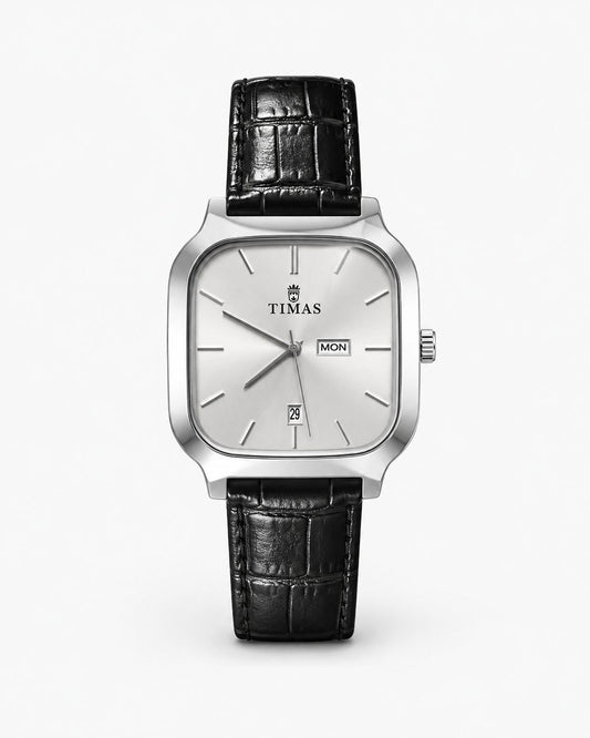 TIMAS Executive Square Men’s Watch Sunburst Silver Dial with Black Crocodile Leather Strap