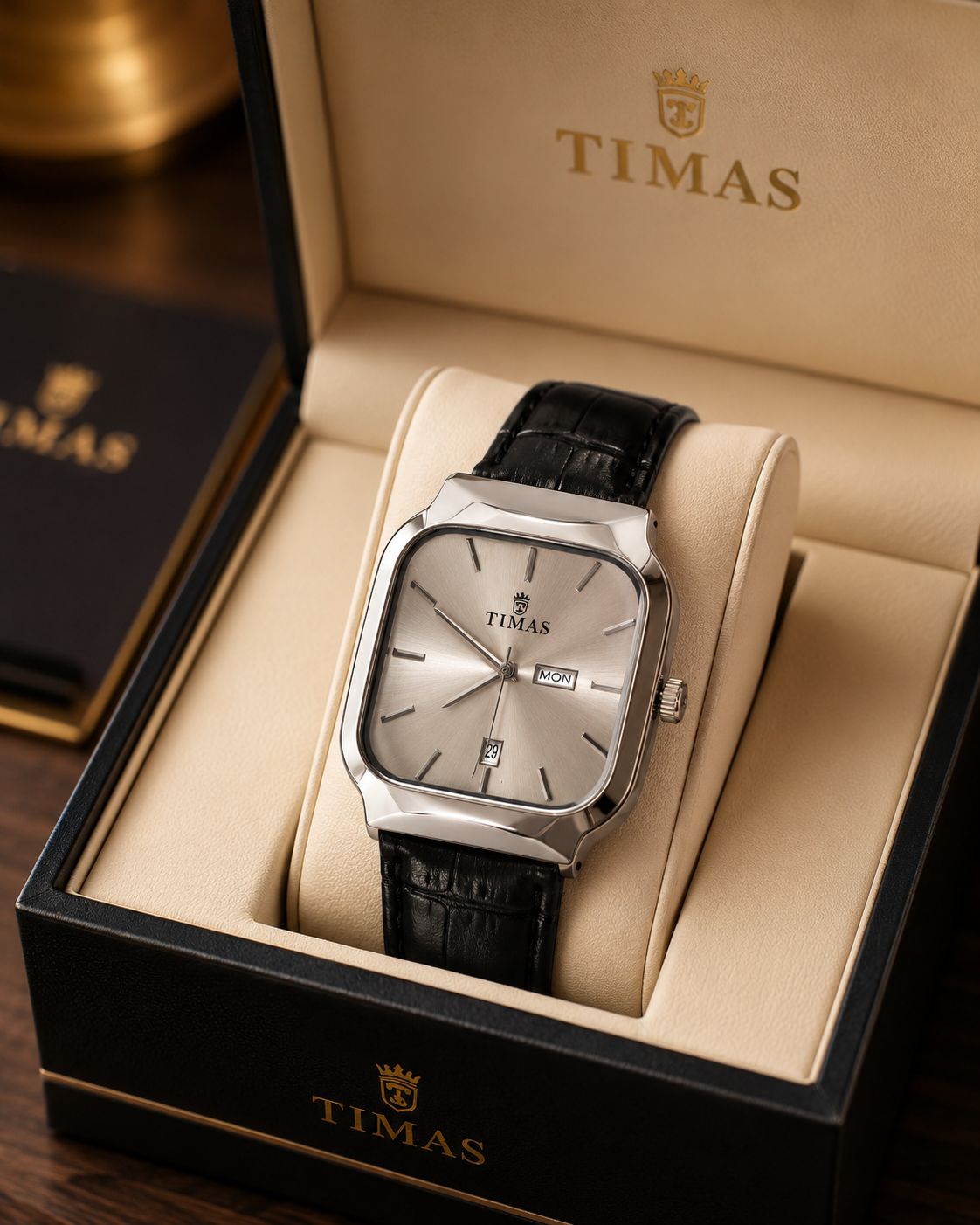 TIMAS Executive Square Men’s Watch Sunburst Silver Dial with Black Crocodile Leather Strap