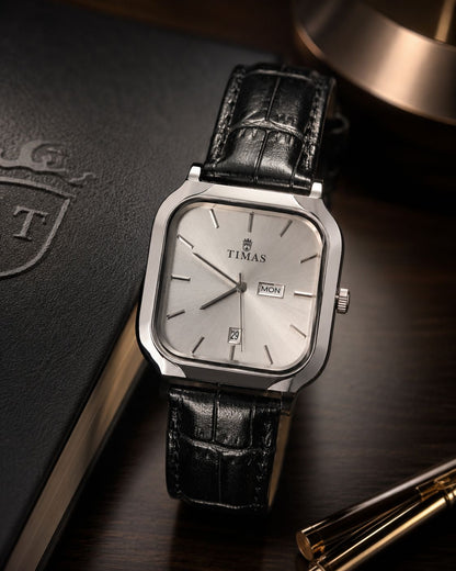 TIMAS Executive Square Men’s Watch Sunburst Silver Dial with Black Crocodile Leather Strap