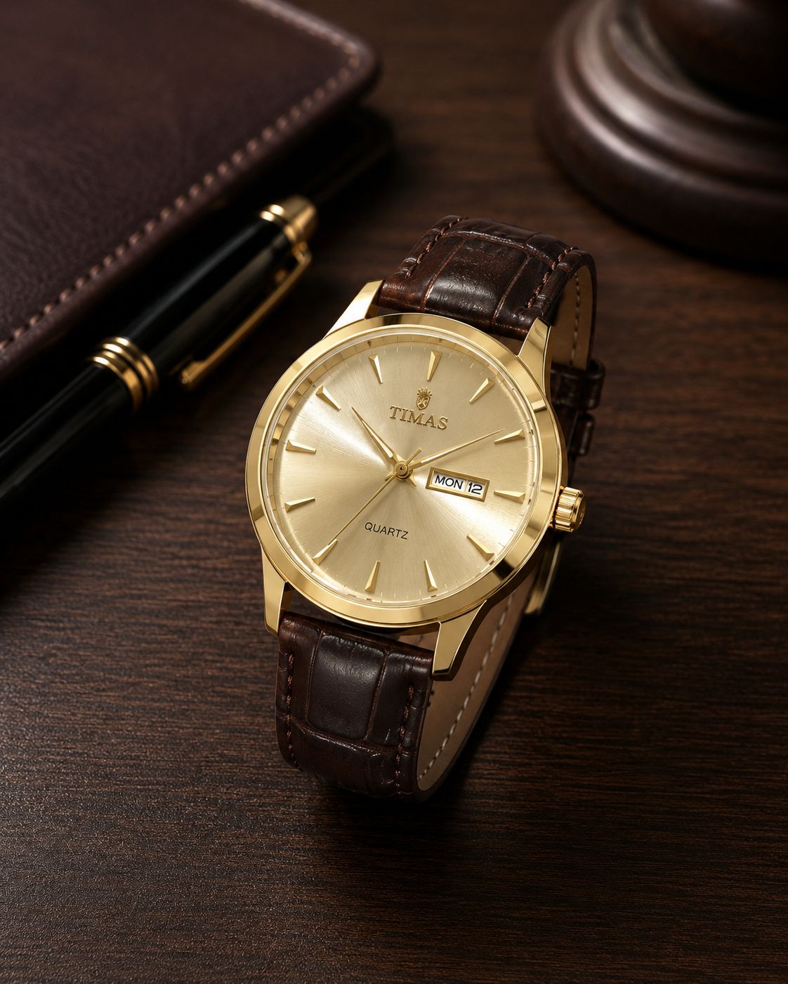 TIMAS Classic Gold Dial Quartz Watch With Brown Leather Strap