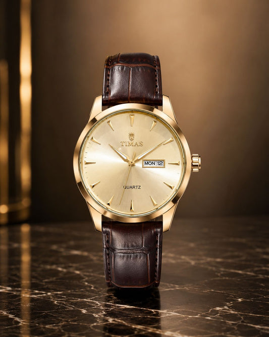 TIMAS Classic Gold Dial Quartz Watch With Brown Leather Strap