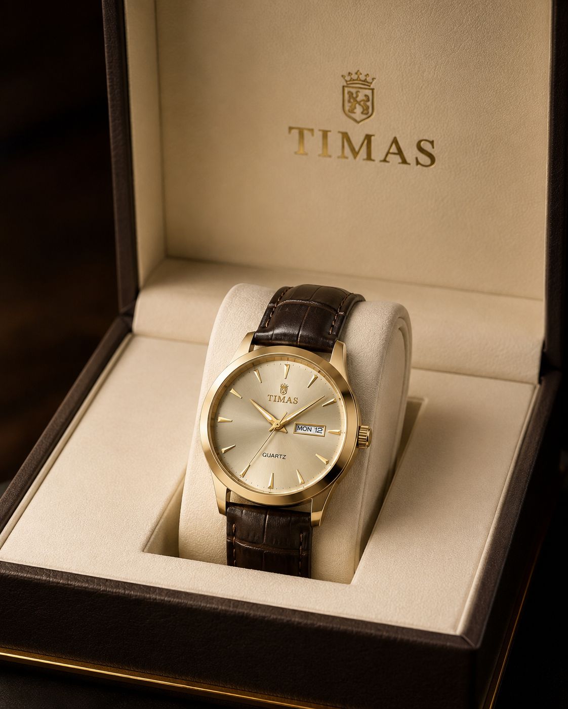 TIMAS Classic Gold Dial Quartz Watch With Brown Leather Strap