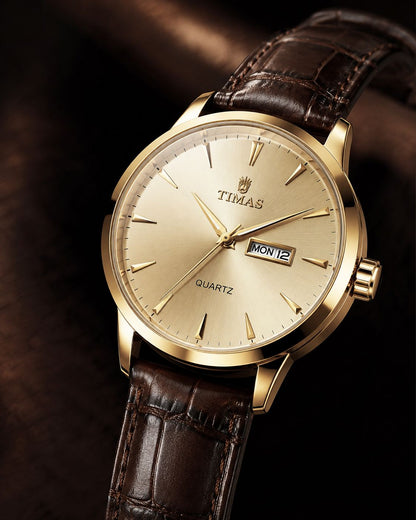 TIMAS Classic Gold Dial Quartz Watch With Brown Leather Strap