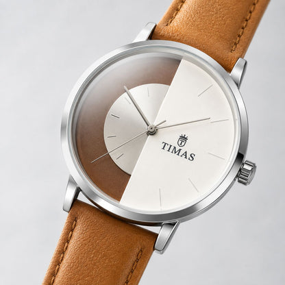 TIMAS Classic Rose Gold Dial Quartz Watch with Brown Leather Strap