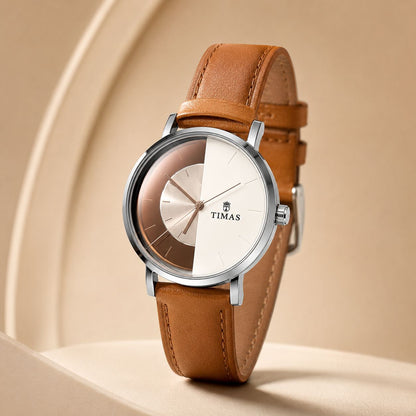 TIMAS Classic Rose Gold Dial Quartz Watch with Brown Leather Strap