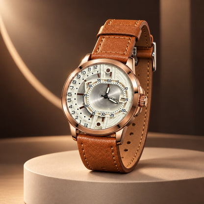 TIMAS Classic Quartz Men’s Watch Dual Time Champagne Dial with Rose Gold & Brown Leather Strap