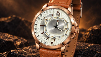 TIMAS Classic Quartz Men’s Watch Dual Time Champagne Dial with Rose Gold & Brown Leather Strap